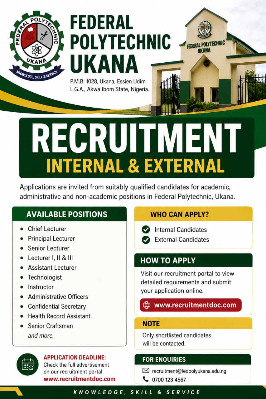 Federal Polytechnic, Ukana Recruitment 2026/https://recruitmentdoc.com/
